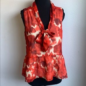 J. Crew red and cream silk peplum tie front top